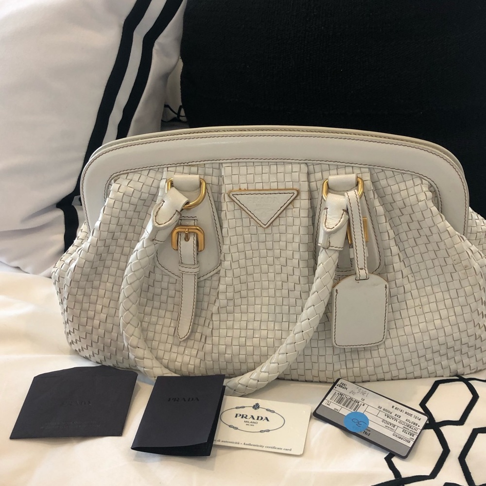!!Sold!! Prada white madras bag woven tote.